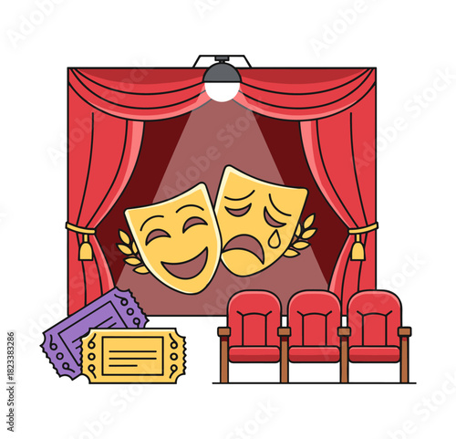 Theater masks and tickets on stage with seats