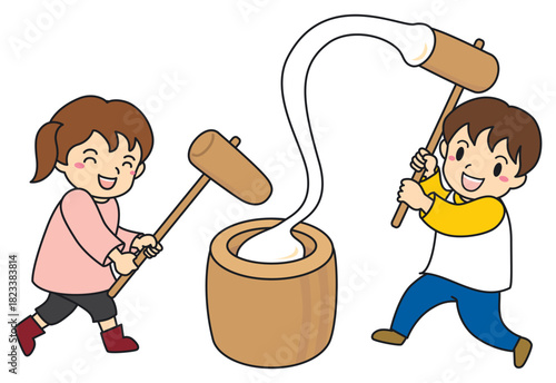 伸びるお餅のお餅つきをする男の子と女の子イラスト