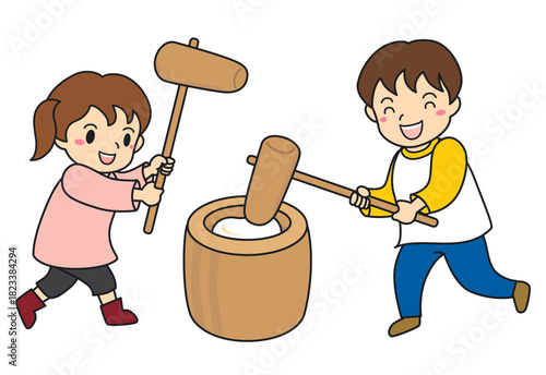お餅つきをする男の子と女の子イラスト