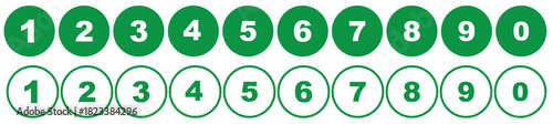 Set of counting numbers from 0-9 in black circles stroke and fill. Set of bullet point numbers from 0-9. Numeric typography of numbers from 0 to 9 for apps and UI isolated in stroke and fill styles