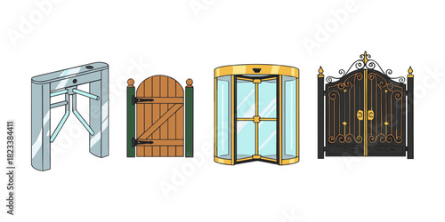 Different entrance gates doors and barriers set