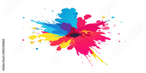 vibrant colorful ink splash, dynamic abstract paint splatter, bold chromatic explosion, vivid splattering of primary colors, energetic paint drip composition, lively blend of cyan, magenta, yellow ton