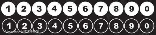 Set of counting numbers from 0-9 in black circles stroke and fill. Set of bullet point numbers from 0-9. Numeric typography of numbers from 0 to 9 for apps and UI isolated in stroke and fill styles