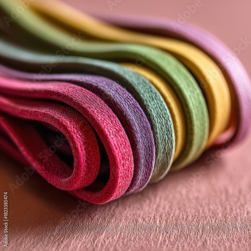 Wallpaper Mural A macro photograph of a row of folded ribbons in soft pastel colors like pink purple green yellow and beige with a textured pink surface. Torontodigital.ca
