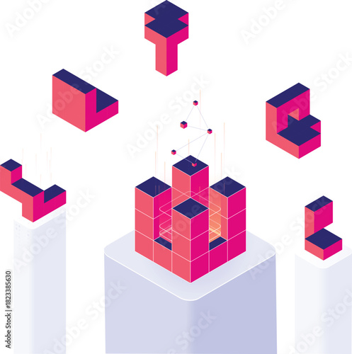 Isometric blockchain stack illustration. Tech blocks, API connections, artificial intelligence, tetris elements, digital network, modern data crypto system, computational  web3 platform integration.