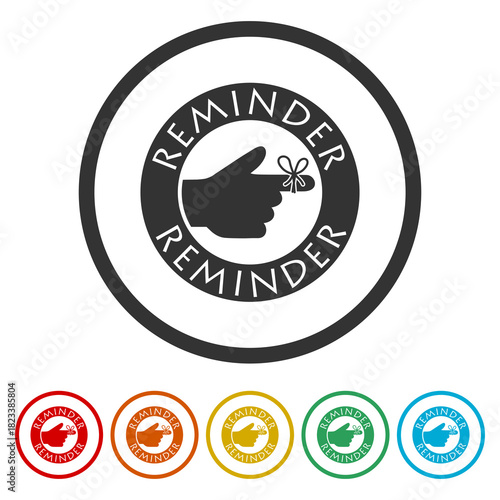Reminder hand with string tied to finger icon. Set icons in color circle buttons