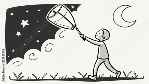Cartoon boy with a net reaching for the moon under a starry sky