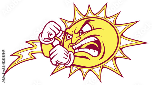 Cartoon Sun Mascot with Angry Expression Fists Raised and Lightning Bolt