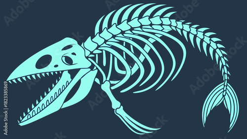 Cartoonish Ichthyosaur Skeleton with Open Jaws and Flippers Pale Blue