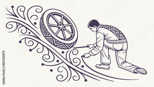Curling Player with Broom and Stone Stylized Design with Swirling Accents