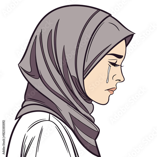 Crying Muslim woman in grey hijab side profile with visible tear