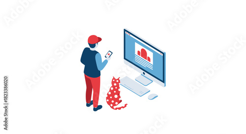 Man in red cap and blue vest using smartphone next to computer and red spotted cat in isometric style