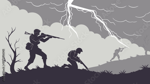 Silhouette Soldiers in Storm A Wartime Scene with Lightning and Bare Trees