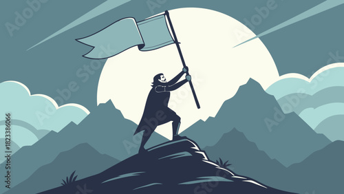Silhouette of a triumphant figure holding a flag atop a mountain
