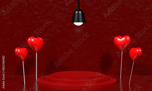 Red pink orange color podium stage stand circle round love heart shape balloon love heart shape helium fly wing balloon product present marketing sale party happy valentine day surprise 14 fourteen 