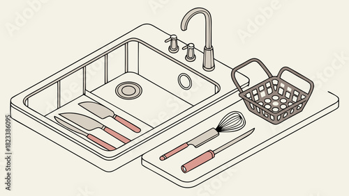 Isometric kitchen sink with knives whisk paring knife and basket