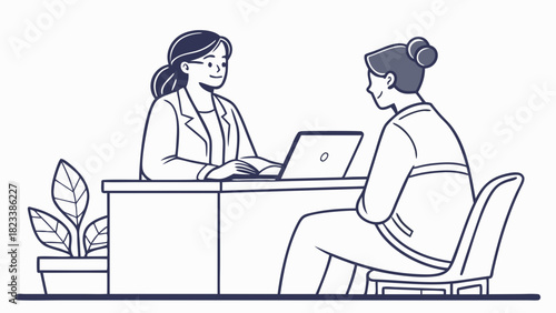 Two Women in a Meeting Discussing Work with Laptop and Plant