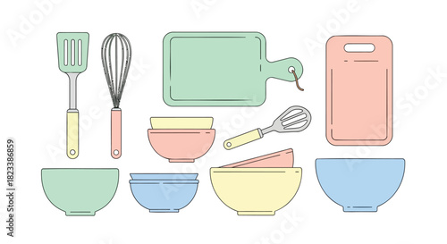 Collection of pastel colored kitchen utensils and bowls including spatulas whisks and cutting boards on a white background