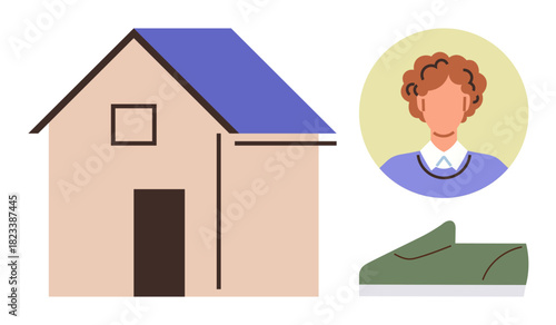 House with a blue roof, profile of a person with curly hair, and green shoe. Ideal for home lifestyle, personal identity, fashion, real estate, daily routine minimalism connection. Simple flat
