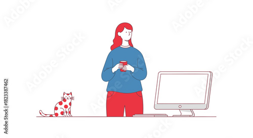 A woman in casual clothing holding a red mug stands near a computer with a playful cat sitting to her left