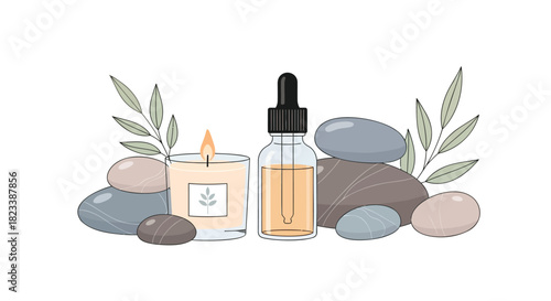 Aromatherapy and wellness concept featuring a burning candle essential oil dropper bottle and smooth stones with delicate leaves