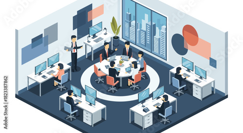 Modern office interior with diverse employees collaborating in a meeting and working at desks with computers and technology