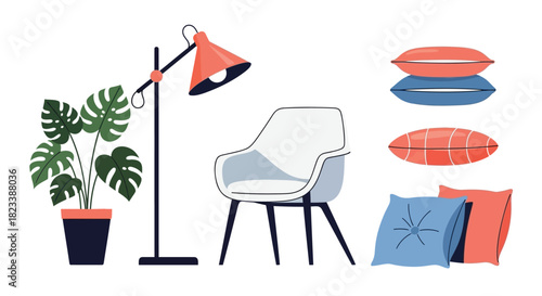 Modern interior design elements featuring a monstera plant floor lamp chair and decorative pillows