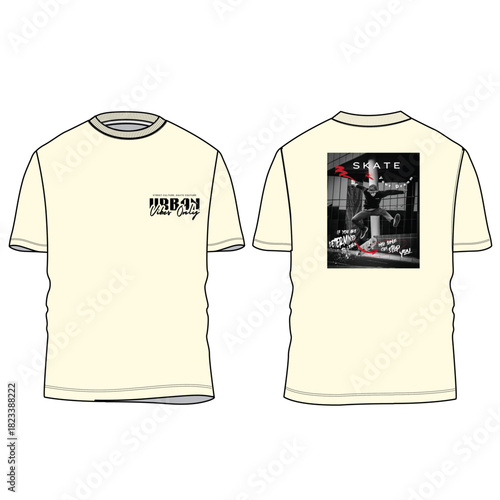 Men's T-Shirt Flat Sketch with 'Urban Vibes Only' Front and Skateboard Back Graphic - Vector Technical Template