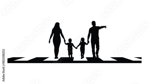 Family crossing road silhouette isolated on white background, Vector