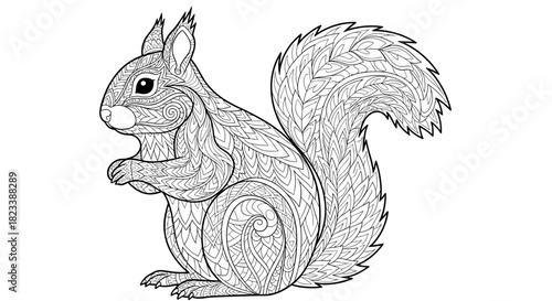 Intricate line art drawing of a squirrel with decorative zentangle patterns, ready for coloring, perfect for relaxation and creativity.