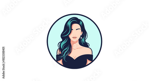 A stylish woman with dark wavy hair and a black off-the-shoulder dress, presented in a minimal illustrative style within a circular frame.