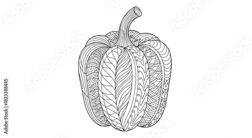 Intricate line art drawing of a decorative pumpkin adorned with various abstract patterns, perfect for mindful coloring and autumn-themed designs.