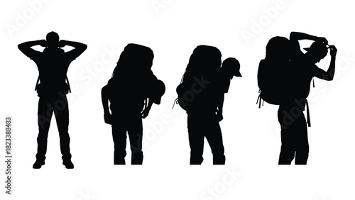 Hiking backpackers silhouettes isolated on white background, Vector