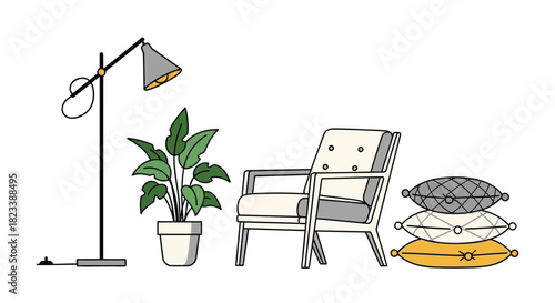Modern minimalist illustration of a comfortable armchair a floor lamp a potted plant and decorative pillows on a white background