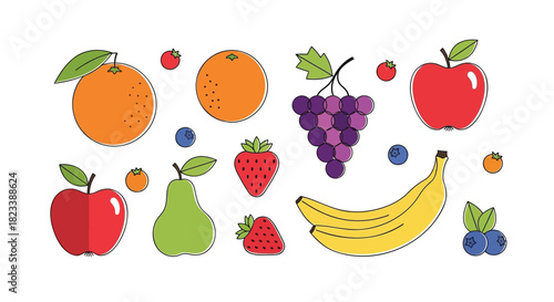 A colorful collection of flat design fruits including apples oranges grapes bananas pears strawberries and blueberries on a white background