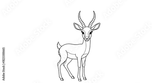 Black and white line art illustration of a graceful gazelle standing, looking forward, isolated on a clean white background.