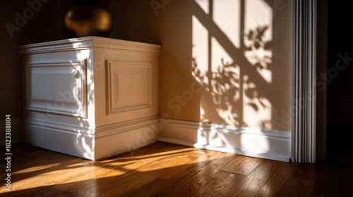 Corner of a room with a white pedestal table casting shadows from a window.