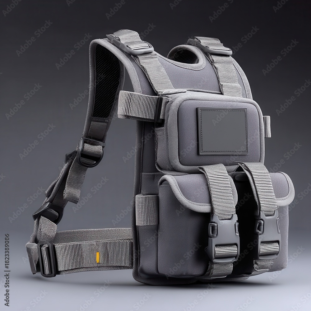 Naklejka premium Detailed tactical vest with zebra pattern accents and multiple pouches against a neutral gray backdrop.