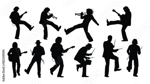 Musicians silhouettes playing instruments isolated on white background, Vector