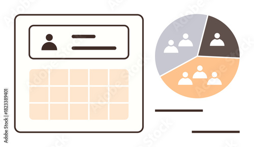 Dashboard with user profile section and calendar grid next to pie chart showing team segmentation. Ideal for team management, workflow organization, analytics, data presentation, planning