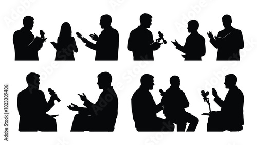 Journalists and interviewers silhouettes isolated on white background, Vector