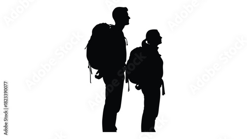 Hikers with backpacks silhouette isolated on white background, Vector