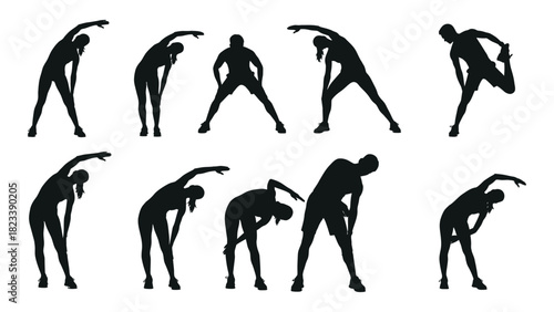 People stretching and warming up silhouettes isolated on white background, Vector