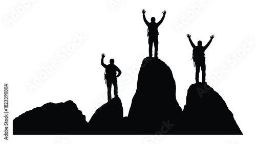 Triumphant mountain climbers silhouette isolated on white background, Vector