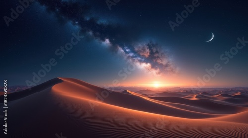 Surreal desert landscape under a glowing milky way and crescent moon