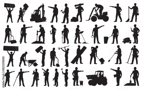 Silhouettes of construction workers performing various jobs and operating machinery