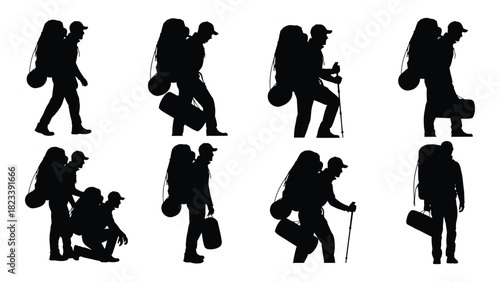 Hiking and trekking silhouettes with backpacks isolated on white background, Vector