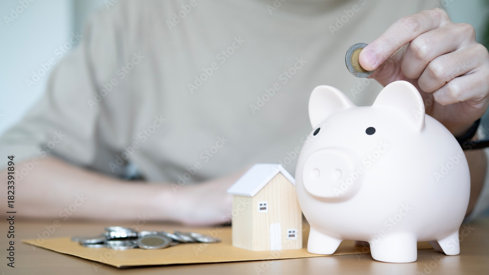 Φωτογραφία Saving coins into a piggy bank for a future home, symbolizing disciplined saving and preparation for loans and insurance