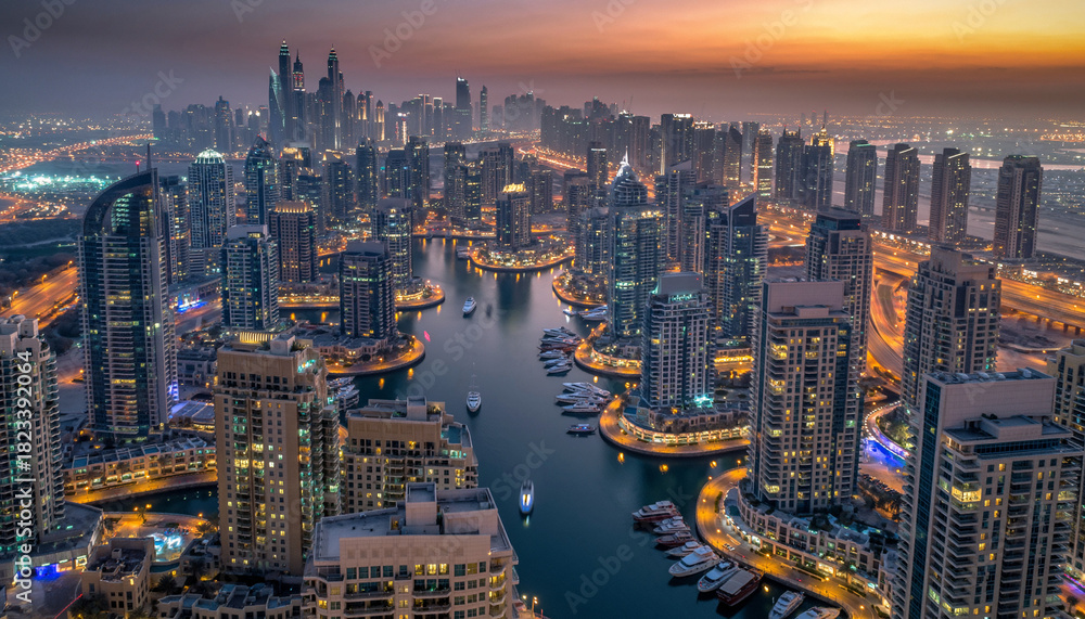 Obraz premium Dubai Marina at Night Illuminated Skyscrapers and Waterways.