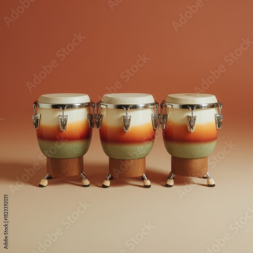 A set of three conga drums arranged in a row. Each drum features a white top, a band with orange and green colors, and a textured wooden base. The background is a plain, warm terracotta color.